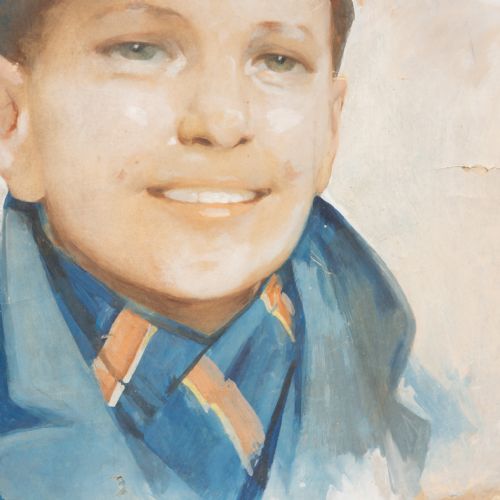 fig 2. An oil portrait depicting a smiling young boy wearing a blue flat cap and matching blue coat over a patterned scarf.