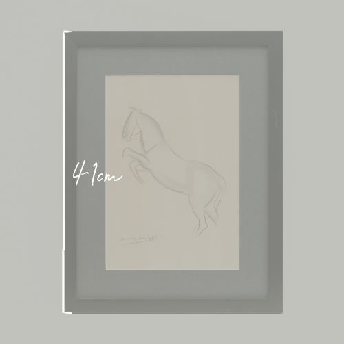 fig 1. A framed pencil sketch on cream paper depicting a rearing horse, signed by Laura Knight at the bottom left, mounted in a dark grey mat and black frame.