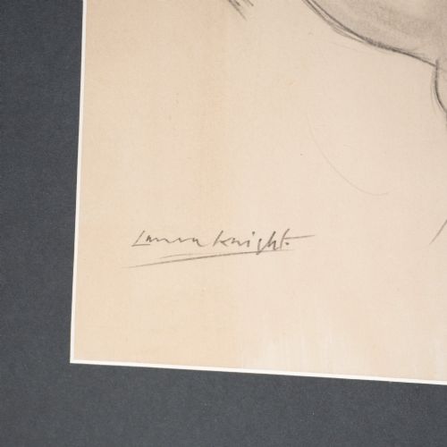 fig 2. A framed pencil sketch on cream paper depicting a rearing horse, signed by Laura Knight at the bottom left, mounted in a dark grey mat and black frame.