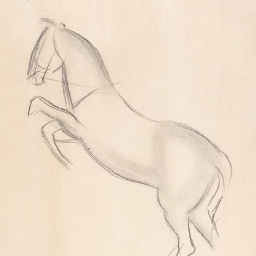 fig 3. A framed pencil sketch on cream paper depicting a rearing horse, signed by Laura Knight at the bottom left, mounted in a dark grey mat and black frame.