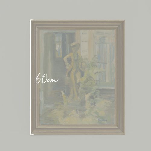 fig 1. A mid-century oil painting on canvas depicting a stylized yellow figure in a garden setting, presented in a moulded gold frame.