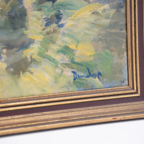 fig 3. A mid-century oil painting on canvas depicting a stylized yellow figure in a garden setting, presented in a moulded gold frame.