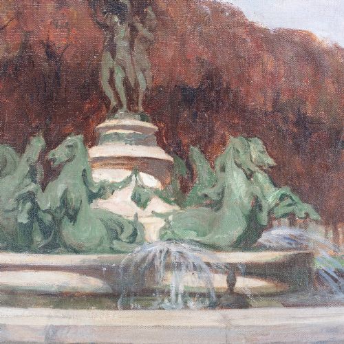 fig 2. An impressionist oil painting on board by Alexander Jamieson depicting a classical fountain with green sculptures against autumn foliage, presented in a distressed cream painted frame.