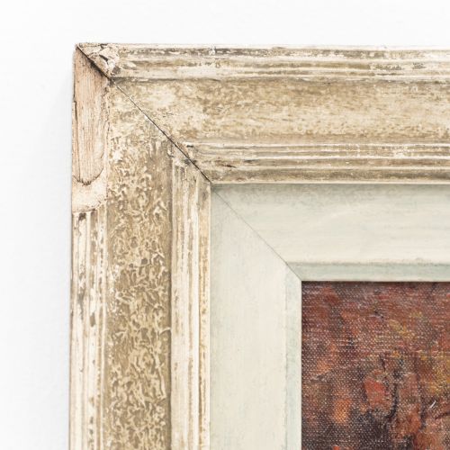 fig 5. An impressionist oil painting on board by Alexander Jamieson depicting a classical fountain with green sculptures against autumn foliage, presented in a distressed cream painted frame.
