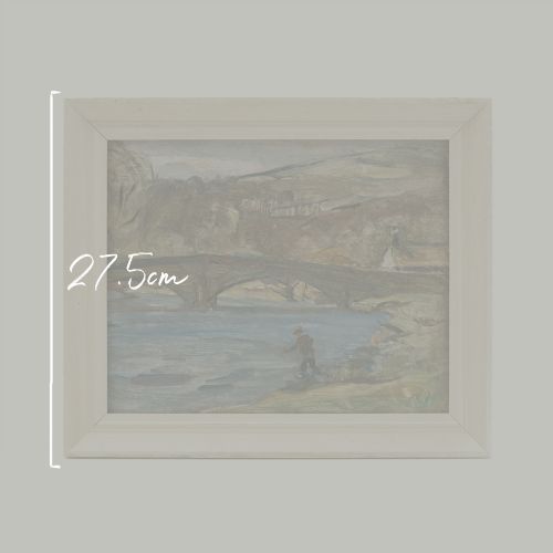 fig 1. An oil painting on wooden panel depicting a person fishing in a blue river near an arched stone bridge, enclosed in a pale grey painted frame.