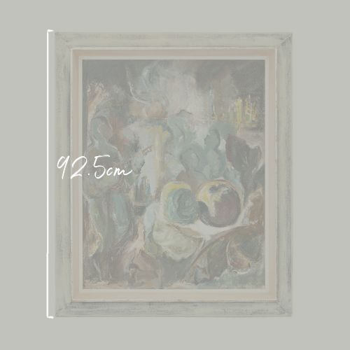 fig 1. An expressionist oil painting on board featuring atmospheric figures and still life forms in tones of blue, green, and brown inside a painted light grey wooden frame.