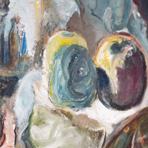 fig 2. An expressionist oil painting on board featuring atmospheric figures and still life forms in tones of blue, green, and brown inside a painted light grey wooden frame.