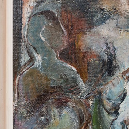 fig 3. An expressionist oil painting on board featuring atmospheric figures and still life forms in tones of blue, green, and brown inside a painted light grey wooden frame.