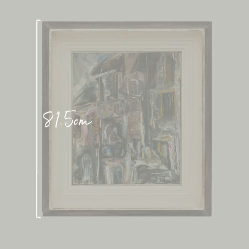 fig 1. An expressionist oil painting depicting tall Parisian houses in muted earthy tones, framed within a deep off-white and dark wood stepped moulding.