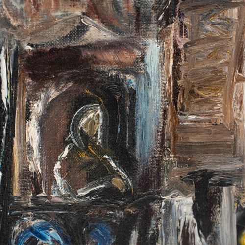fig 3. An expressionist oil painting depicting tall Parisian houses in muted earthy tones, framed within a deep off-white and dark wood stepped moulding.