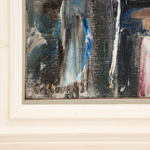 fig 4. An expressionist oil painting depicting tall Parisian houses in muted earthy tones, framed within a deep off-white and dark wood stepped moulding.