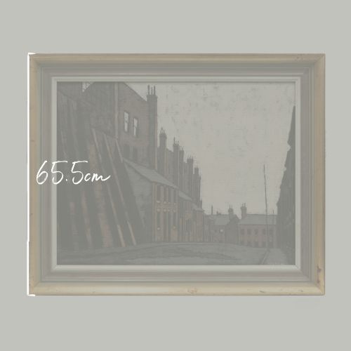 fig 1. A mid-century framed oil painting on board depicting a Northern British industrial street lined with brick buildings and tall chimney pots.