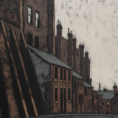 fig 3. A mid-century framed oil painting on board depicting a Northern British industrial street lined with brick buildings and tall chimney pots.