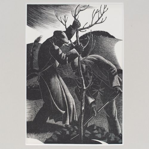 fig 1. A black and white mounted wood engraving print depicting two figures planting a young tree in a rural landscape.