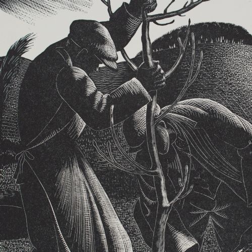 fig 2. A black and white mounted wood engraving print depicting two figures planting a young tree in a rural landscape.