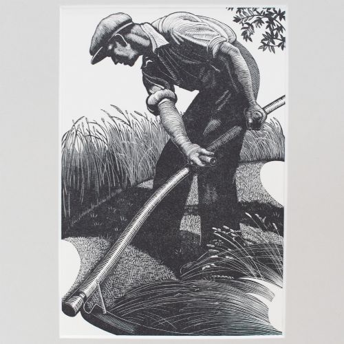 fig 1. A black and white wood engraving of a male figure using a scythe in a field, presented within a neutral window mount.