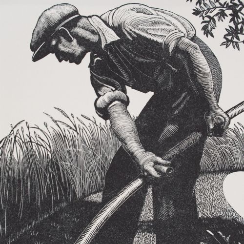 fig 2. A black and white wood engraving of a male figure using a scythe in a field, presented within a neutral window mount.