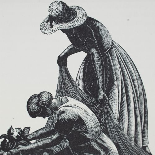 fig 2. Black and white wood engraving depicting two women harvesting in a strawberry patch, presented within a grey card mount.