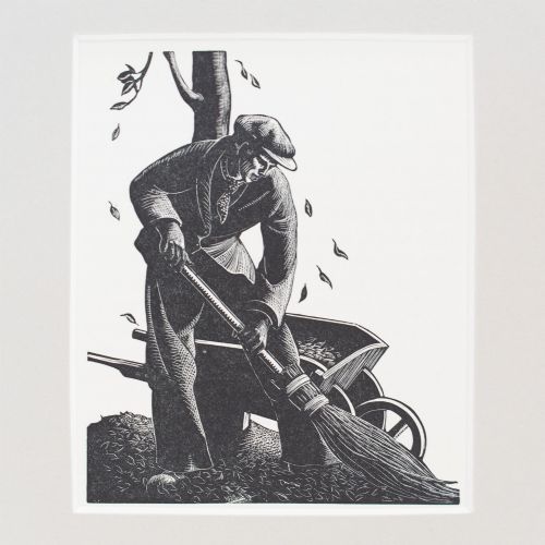 fig 1. A black and white wood engraving depicting a figure sweeping falling autumn leaves with a broom alongside a wheelbarrow, mounted in a neutral card frame.
