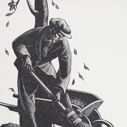 fig 2. A black and white wood engraving depicting a figure sweeping falling autumn leaves with a broom alongside a wheelbarrow, mounted in a neutral card frame.