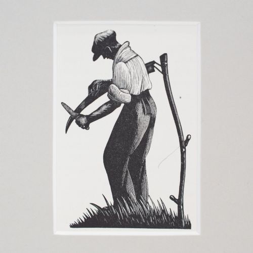 fig 1. A monochrome wood engraving depicting a figure sharpening a scythe outdoors, presented within a wide neutral card mount.