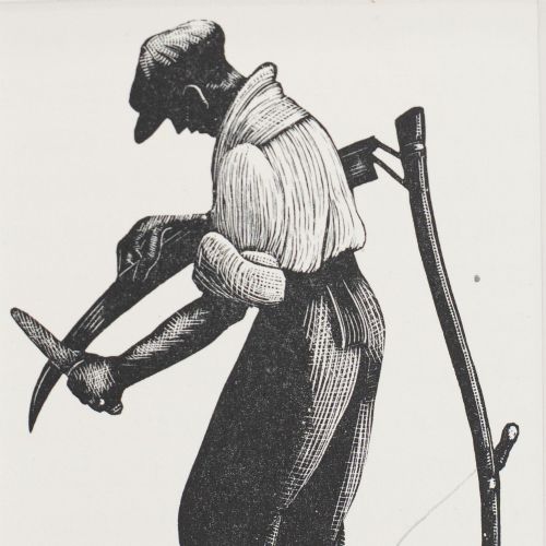 fig 2. A monochrome wood engraving depicting a figure sharpening a scythe outdoors, presented within a wide neutral card mount.