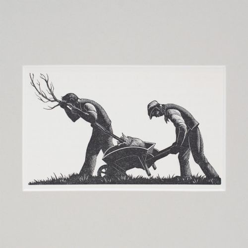 fig 1. A mounted monochrome 1935 wood engraving by Clare Leighton depicting two men pushing a wheelbarrow and planting a young tree.