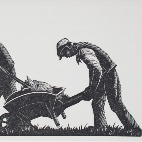 fig 2. A mounted monochrome 1935 wood engraving by Clare Leighton depicting two men pushing a wheelbarrow and planting a young tree.