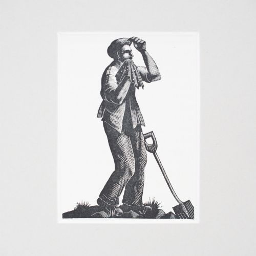fig 1. A black and white wood engraving depicting a figure wiping their face while holding a spade, presented in a light cream mount.