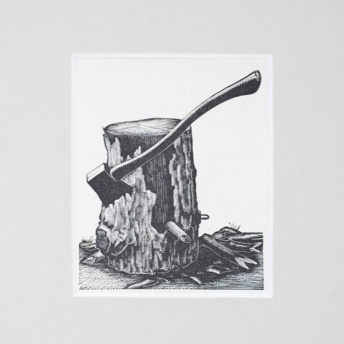 fig 1. A monochrome wood engraving depicting an axe stuck into a wooden chopping block, presented in a square neutral mount.