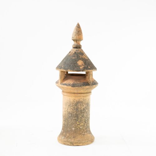 fig 2. A late Victorian buff terracotta exhaust cowl chimney pot featuring a vented cap and pointed finial top.