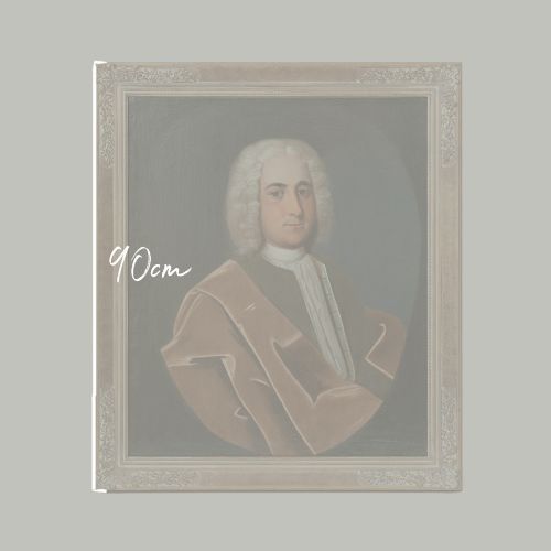 fig 1. An 18th-century oil portrait on canvas depicting a gentleman in a powdered wig, white cravat, and draped brown mantle, presented in an ornate gilt frame.