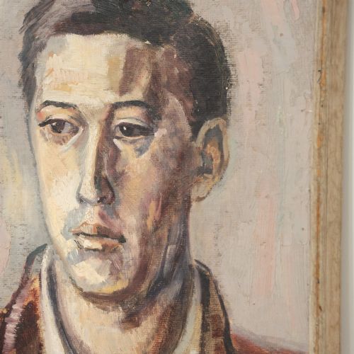 fig 1. A mid-century oil painting depicting a young man in a collar shirt and jacket, set within a simple wooden frame.