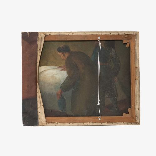 fig 2. An oil painting on canvas depicting a seated male life model in profile against a green and red draped background.