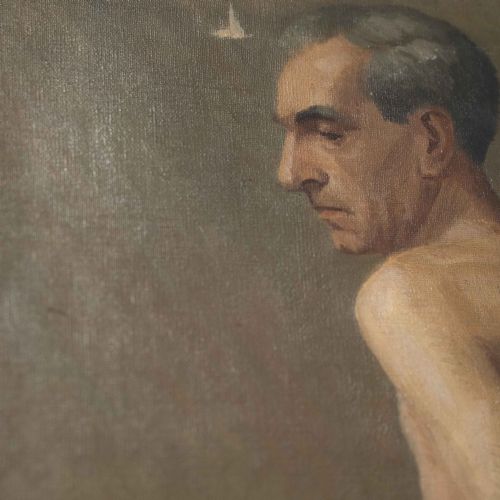 fig 3. An oil painting on canvas depicting a seated male life model in profile against a green and red draped background.