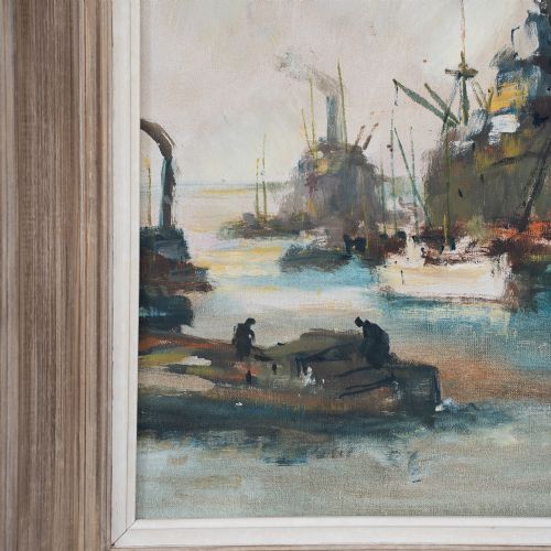 fig 3. A framed Post-Impressionist oil painting on canvas depicting steamships in a busy harbour by Belgian artist Henri Joseph Pauwels.
