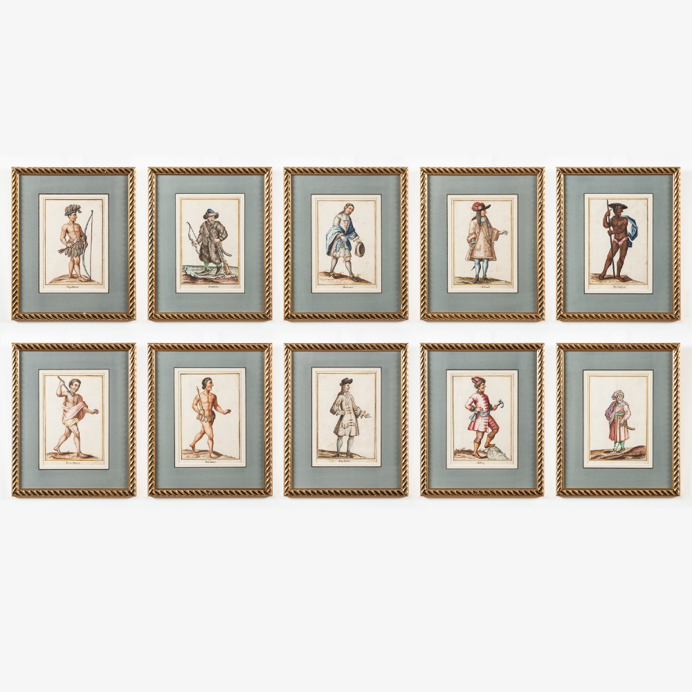 A set of ten 18th-century framed watercolour paintings depicting individual figures in historical costume, set within grey mounts and gilt rope-twist frames.