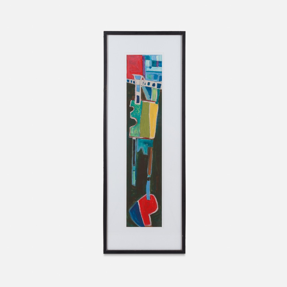 A tall vertical abstract still life painting featuring bold geometric shapes in red, green, blue, and yellow inside a black frame.