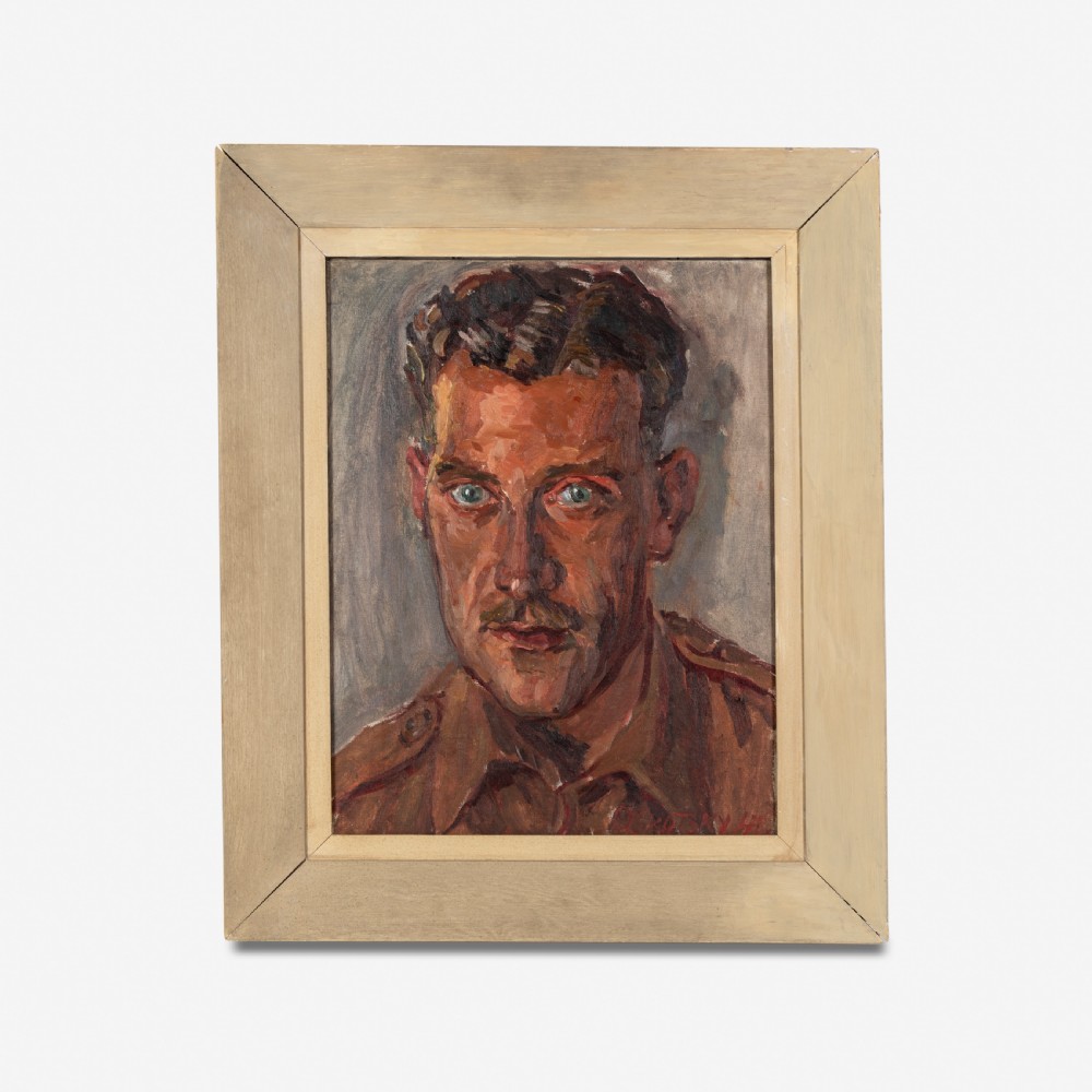 An oil painting on canvas depicting a male self-portrait, presented within a simple flat wooden frame.