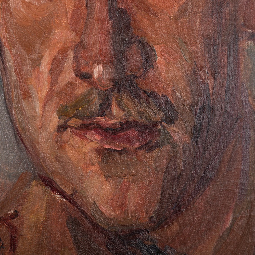 An oil painting on canvas depicting a male self-portrait, presented within a simple flat wooden frame. View II