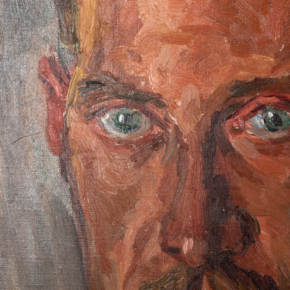 An oil painting on canvas depicting a male self-portrait, presented within a simple flat wooden frame. View III