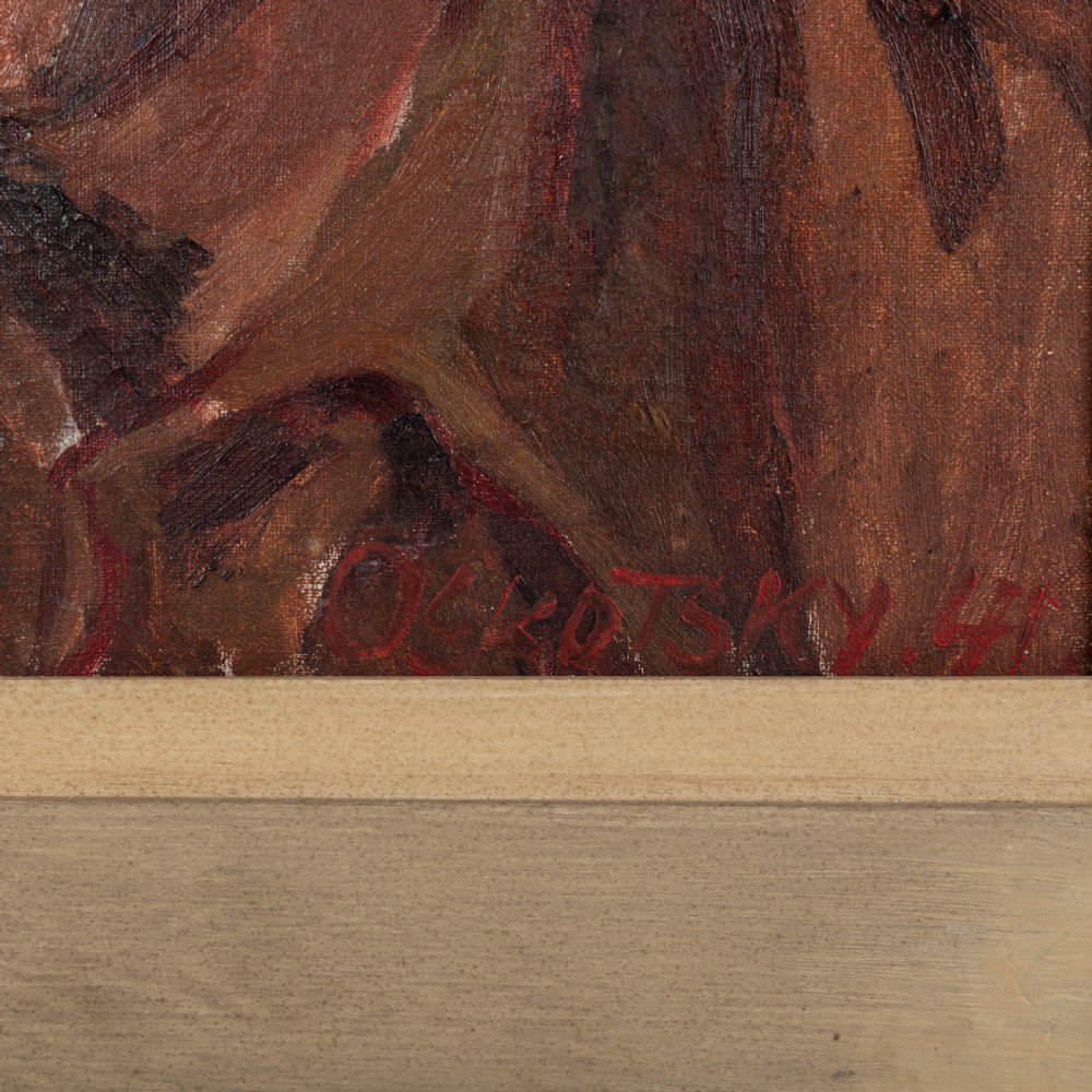 An oil painting on canvas depicting a male self-portrait, presented within a simple flat wooden frame. View IV
