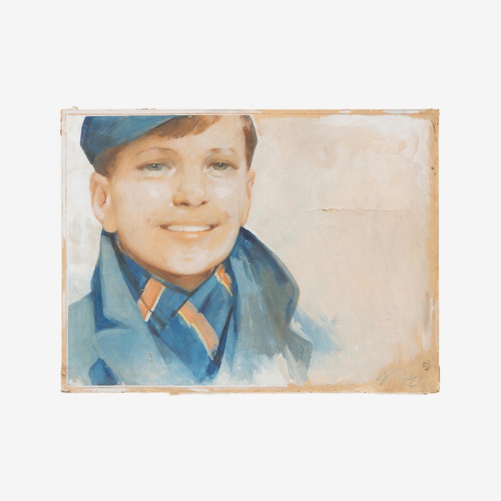 An oil portrait depicting a smiling young boy wearing a blue flat cap and matching blue coat over a patterned scarf.
