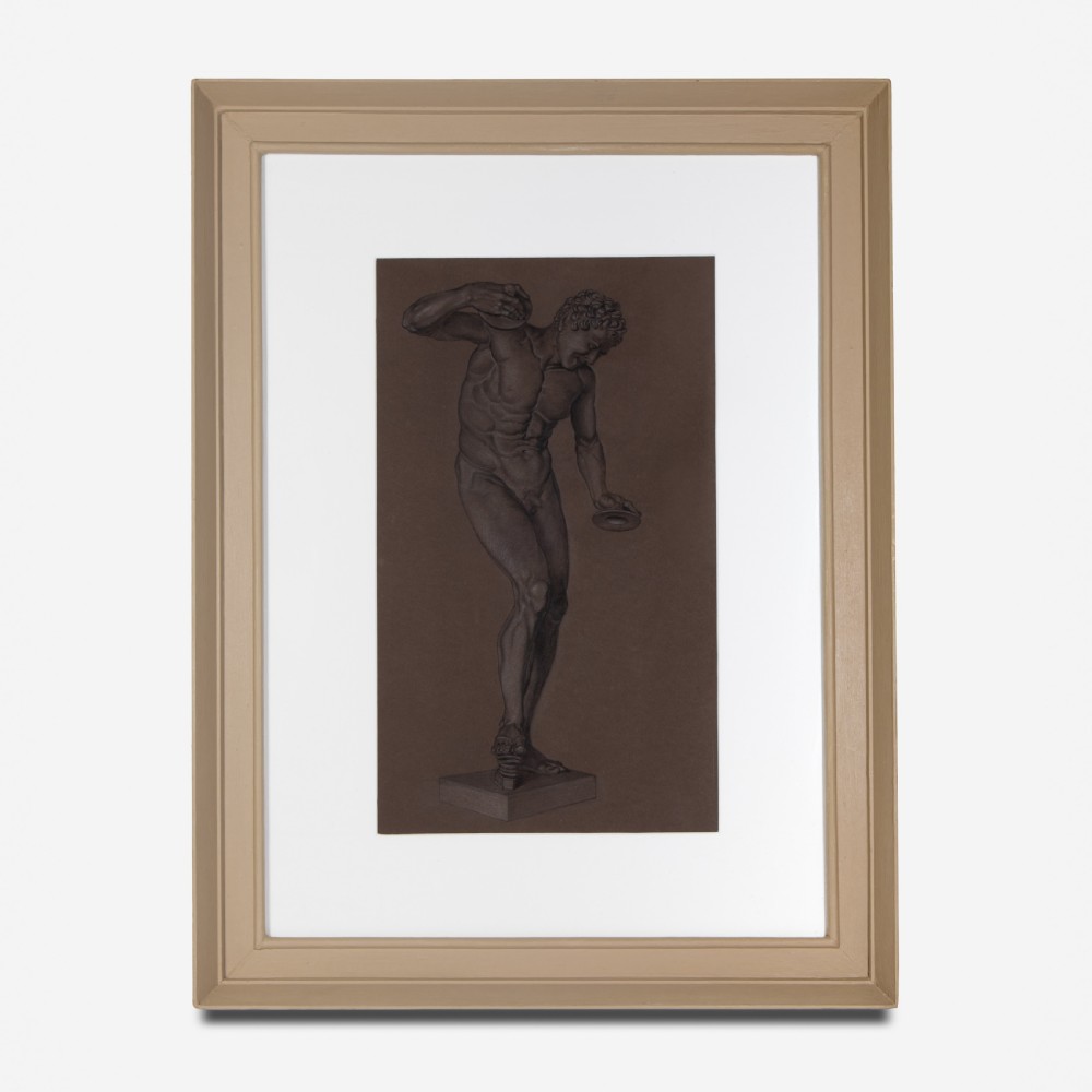 A framed charcoal drawing on dark brown paper depicting a standing classical male faun figure on a pedestal.