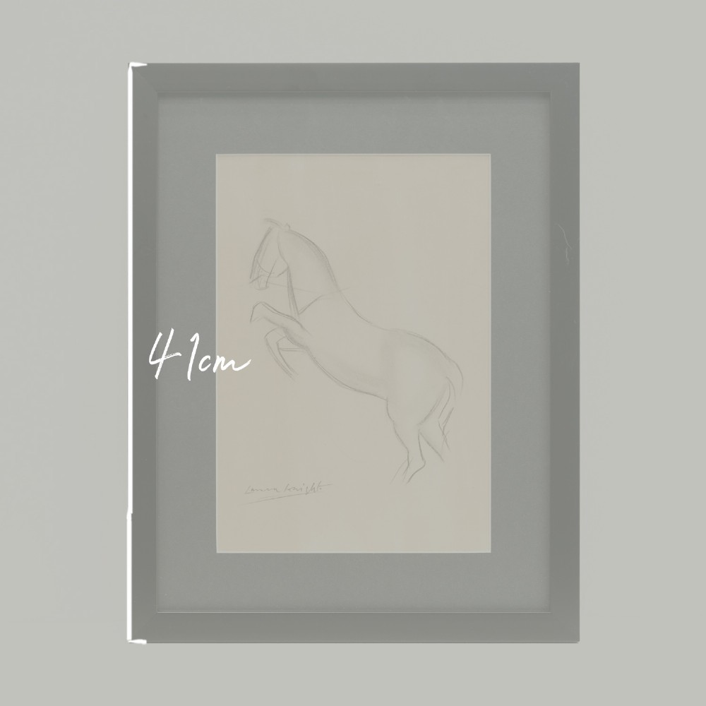 A framed pencil sketch on cream paper depicting a rearing horse, signed by Laura Knight at the bottom left, mounted in a dark grey mat and black frame. View II