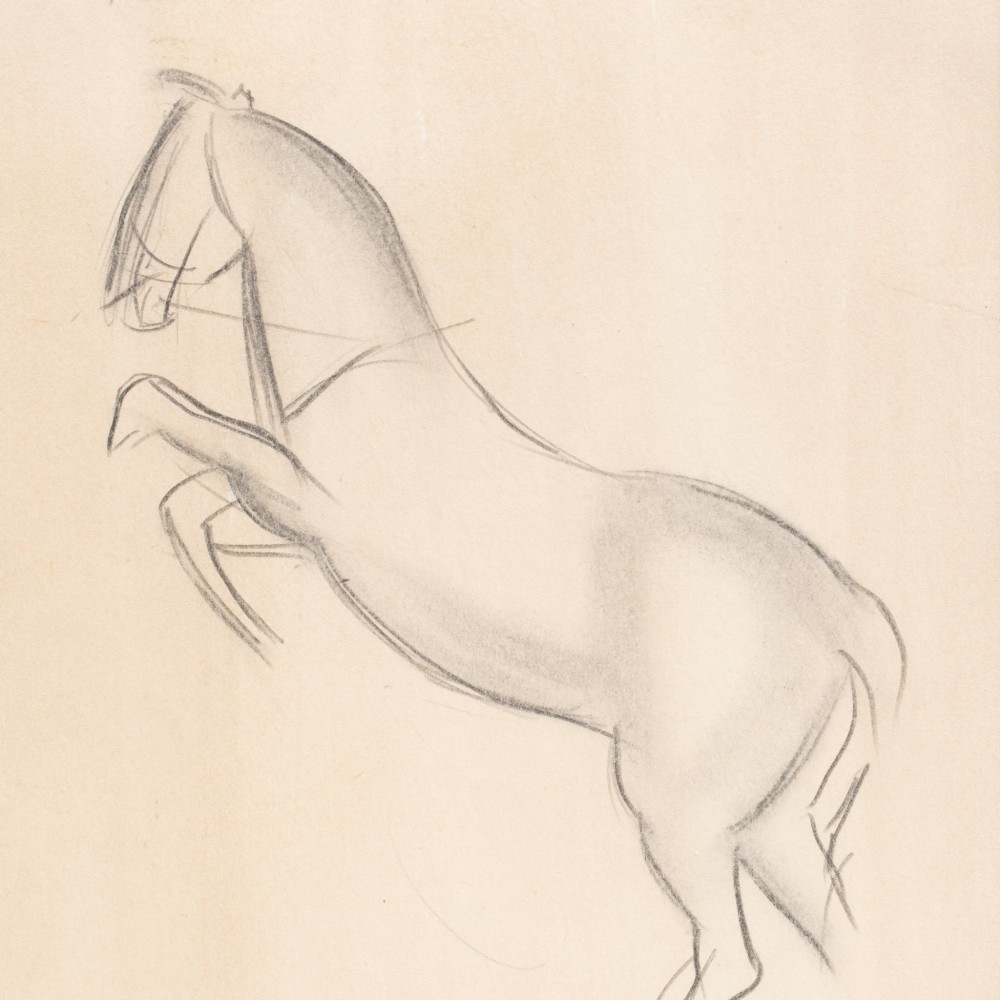 A framed pencil sketch on cream paper depicting a rearing horse, signed by Laura Knight at the bottom left, mounted in a dark grey mat and black frame. View IV
