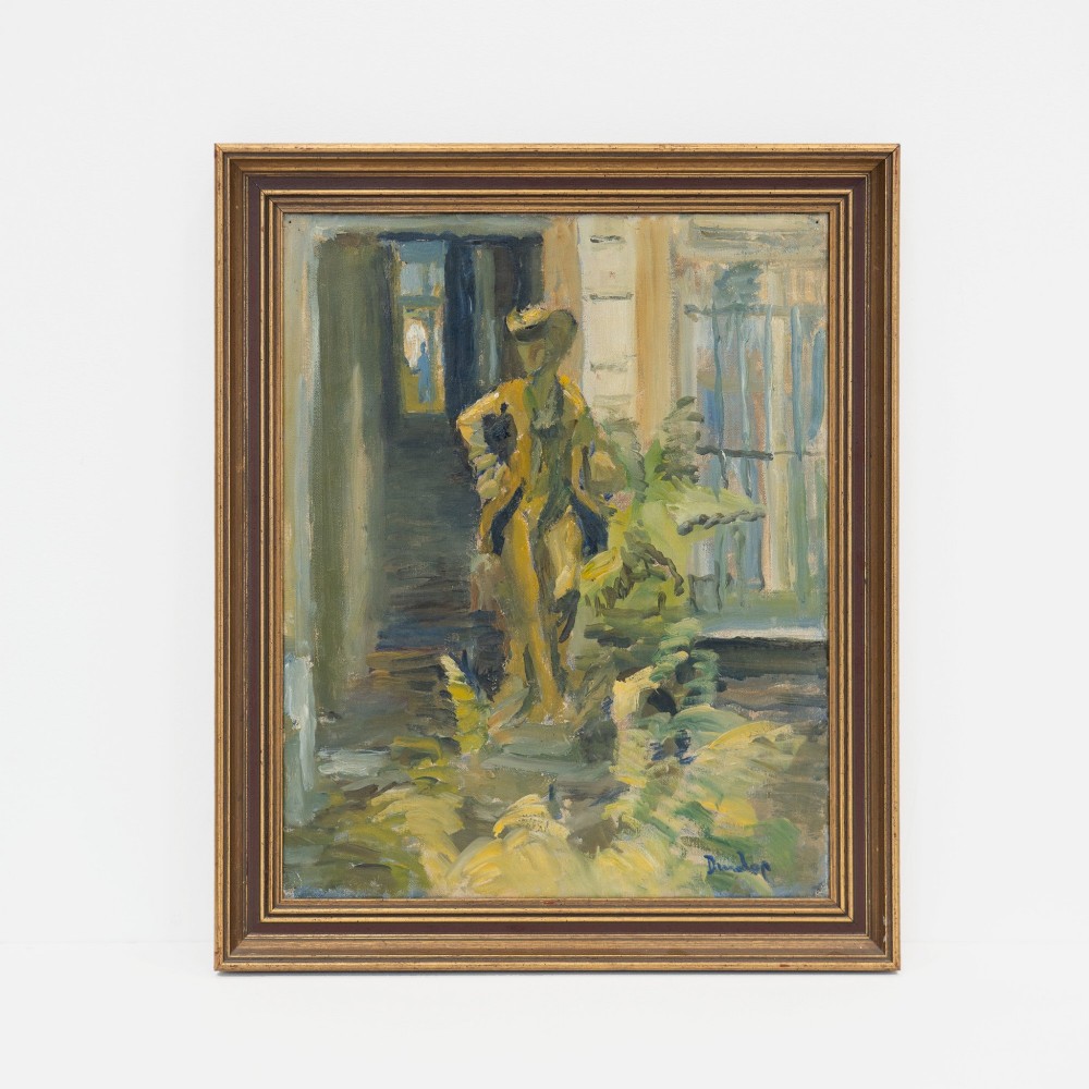 A mid-century oil painting on canvas depicting a stylized yellow figure in a garden setting, presented in a moulded gold frame.
