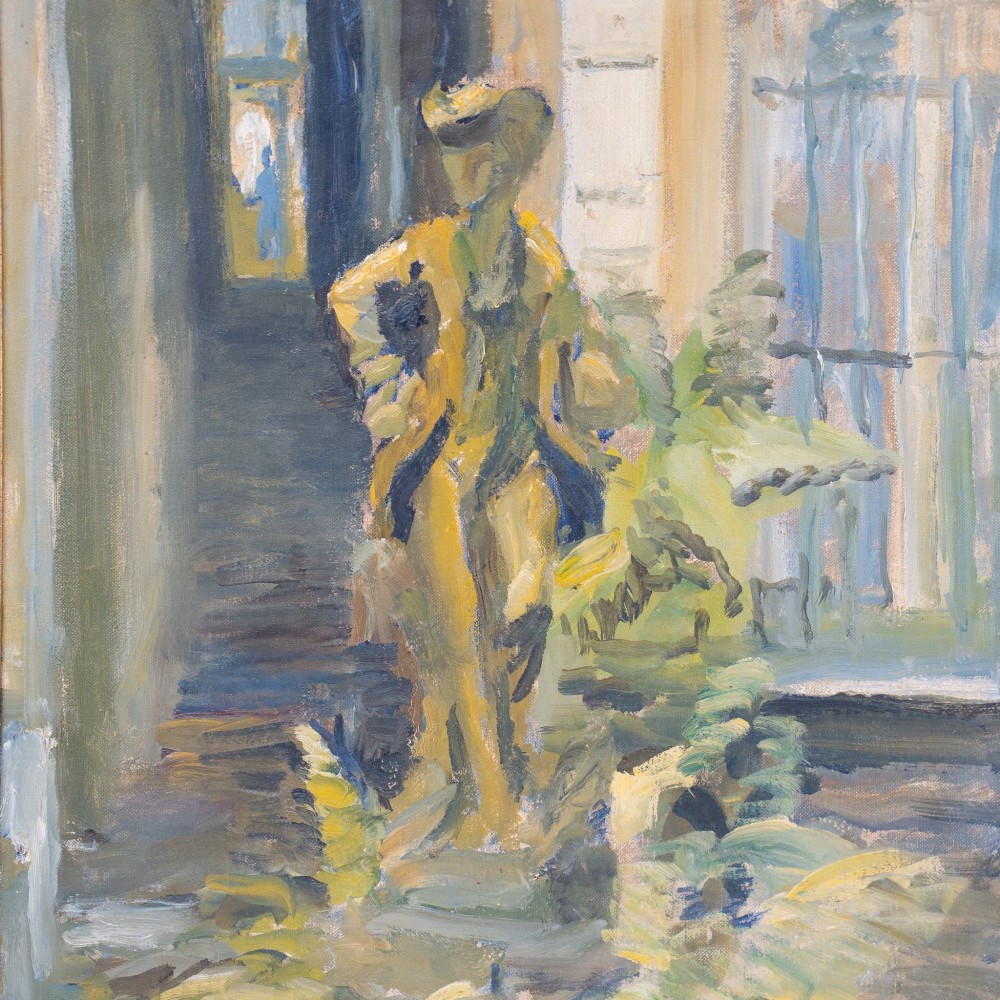 A mid-century oil painting on canvas depicting a stylized yellow figure in a garden setting, presented in a moulded gold frame. View III