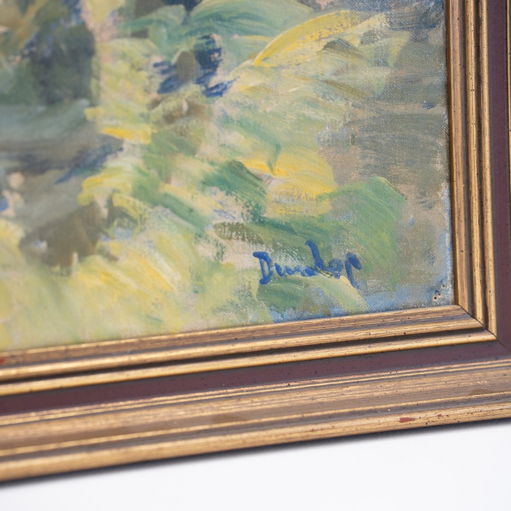 A mid-century oil painting on canvas depicting a stylized yellow figure in a garden setting, presented in a moulded gold frame. View IV