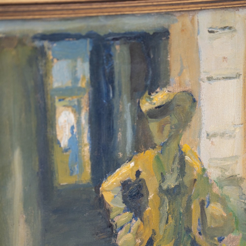 A mid-century oil painting on canvas depicting a stylized yellow figure in a garden setting, presented in a moulded gold frame. View V